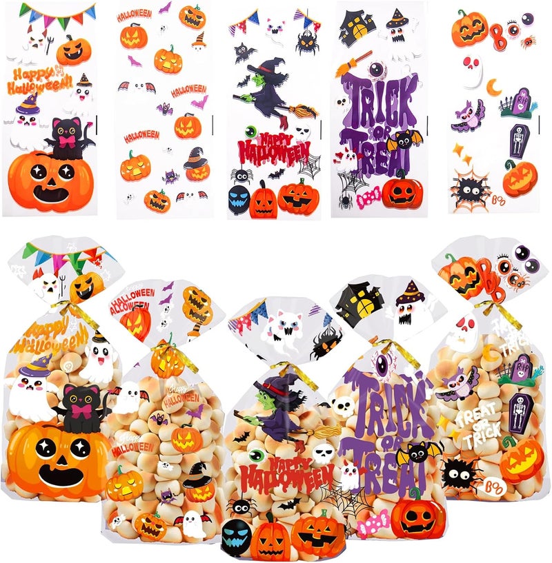 Muswarm Halloween Treat Bags, 100pc Trick or Treat Cellophane Candy Bags with Twist Ties, Snacks, Cookies,Goodie Packing, Party Supplies - Image 1